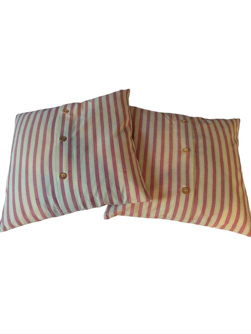 POTTERY BARN Striped 3 Button Throw Pillow Pair - Red, Yellow & Cream 20x20